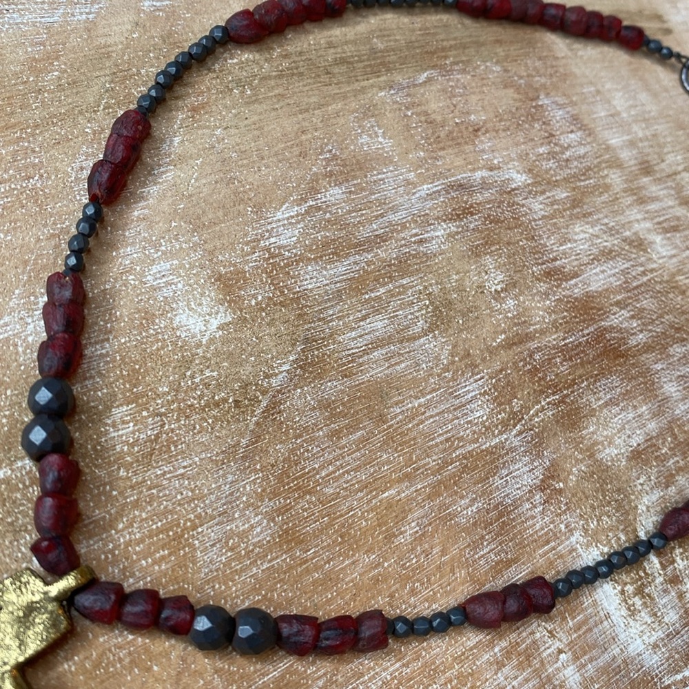 LOYAL MUSE Necklace Grey Hematite & Red Recycled Glass Beads Brass Cross Pendant - Picture 4 of 7